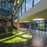 Eingangshalle im Carlowitz Congresscenter Chemnitz mit schwarzem Boden und Glasboden mit Moos