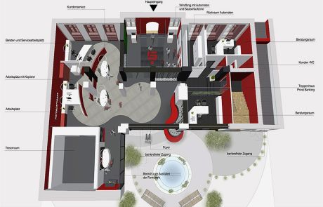 Visualisierung der Innenraumplanung der Bank