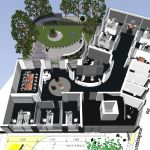 Visualisierung der Innenraumplanung und Gartengestaltung für das Bürogebäude