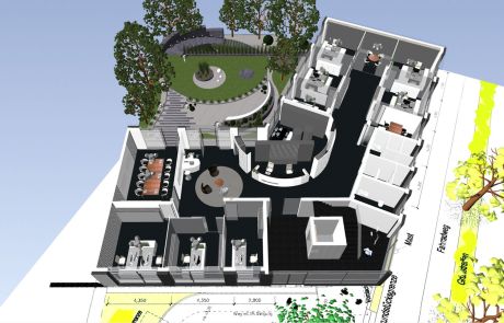 Visualisierung der Innenraumplanung und Gartengestaltung für das Bürogebäude