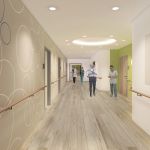 Flur im Reha-Zentrum ZBI Hamburg mit Holzfußboden und modernen Kreismustern an den Wänden