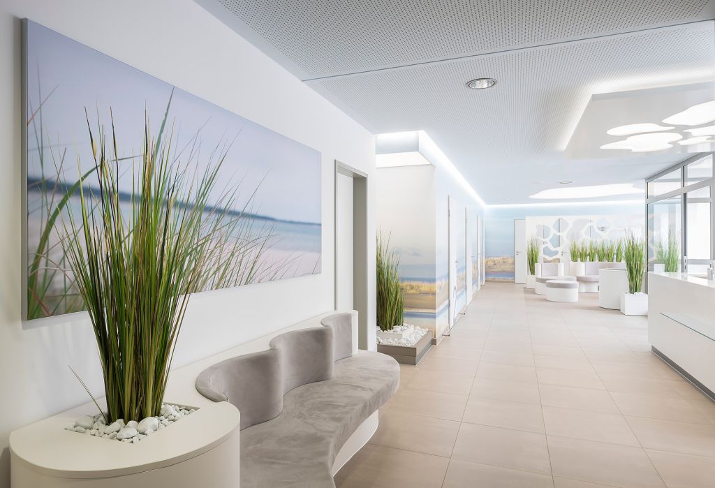 Gestaltung der Arztpraxis mit vielen Grünpflanzen und Wandgestaltung mit Naturmotiven