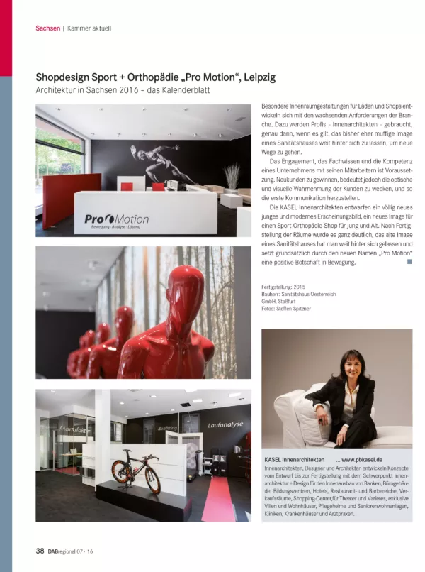 Innenarchitektur Shopgestaltung Pro Motion Leipzig, Sportorthopädie, Artikel DABregional