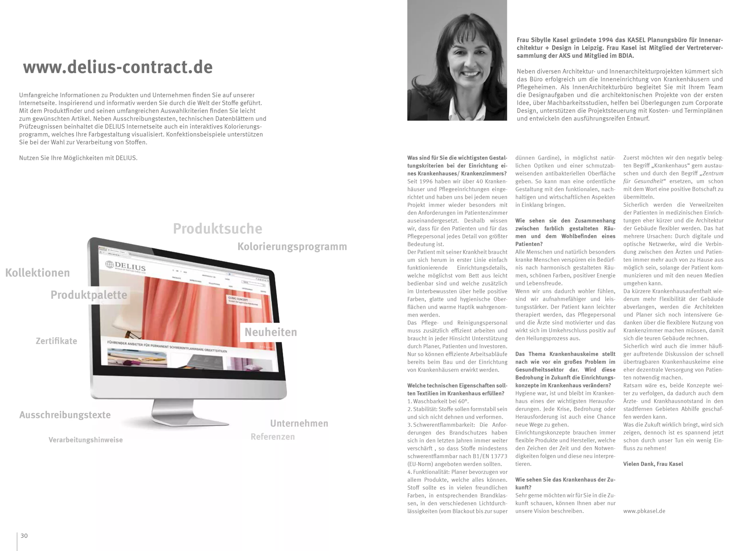Broschüre Delius Clinic Concept, Interview über Inneneinrichtung von Krankenhäusern und Pflegeheimen mit Sibylle Kasel