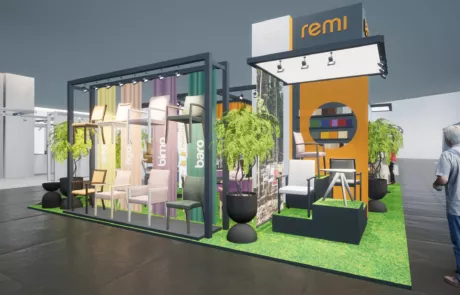 REMI Messestand mit moderner Möbelpräsentation und umweltfreundlichem Designkonzept