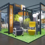 Moderner Messestand von REMI mit gelben und blauen Sitzmöbeln auf der Messe