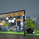 Messestand-Design von REMI mit modernen Möbeln und grünen Pflanzen