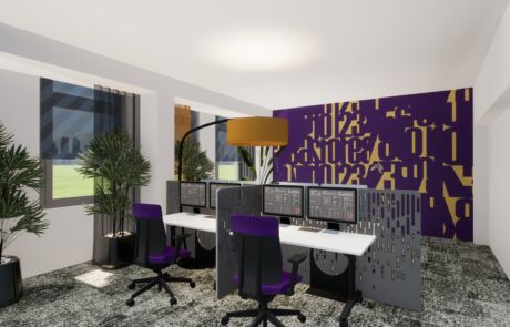 Moderne Büroarbeitsplätze mit violetten Akzenten und Trennwänden, gestaltet für konzentriertes Arbeiten