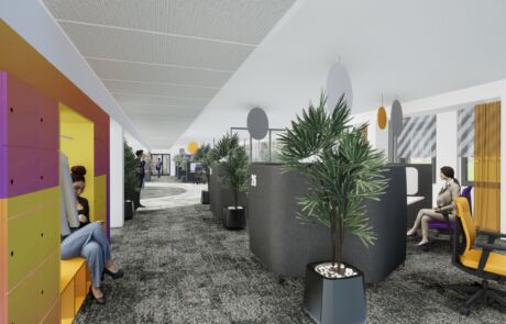 Moderne Bürogestaltung mit ergonomischen Arbeitsplätzen und farbigen Sitzbereichen