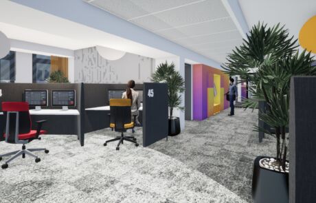 Büroarbeitsplätze mit ergonomischen Stühlen und Pflanzen im Hintergrund