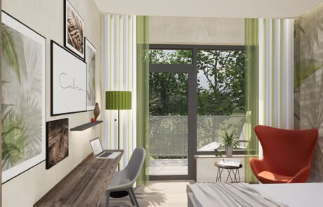Detailansicht eines Klinikzimmers mit Wanddekoration, Arbeitsbereich und harmonischem Design