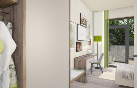 Modernes Patientenzimmer im Reha-Zentrum mit funktionalem Arbeitsbereich und natürlicher Einrichtung