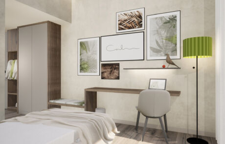 Einrichtung eines Klinikzimmers im Reha-Zentrum mit natürlichen Farben und modernem Interior-Design
