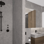 Modernes Bad mit bodengleicher Dusche, grauen Steinoberflächen, dunkler Armatur und wandhängendem Waschtisch aus Naturstein.