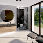 Modernes Bad mit Natursteinwaschtisch, rundem Spiegel, Design-Toilette und raumhoher Verglasung mit Blick in den Garten.