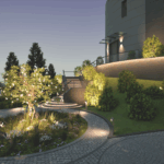 Beleuchteter Gartenweg mit runder Treppenanlage, Pflanzinseln und moderner Außenbeleuchtung bei Dämmerung vor einem runden Wohnhaus.