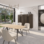 Moderner Essbereich mit Holztisch, hellen Stühlen, Designleuchte und raumhoher Verglasung mit Blick in den Garten.