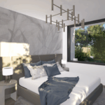 Modernes Schlafzimmer mit großem Fenster, gepolstertem Bettkopfteil, Designleuchte und Ausblick ins Grüne.