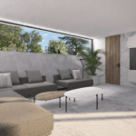 Modernes Wohnzimmer mit großem Sofa, niedriger Fensteröffnung, minimalistischer TV-Wand und natürlichem Lichteinfall.