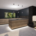 Moderne Wohnküche mit Kochinsel, dunklen Fronten, Natursteinflächen und offenem Kamin als Raumteiler.