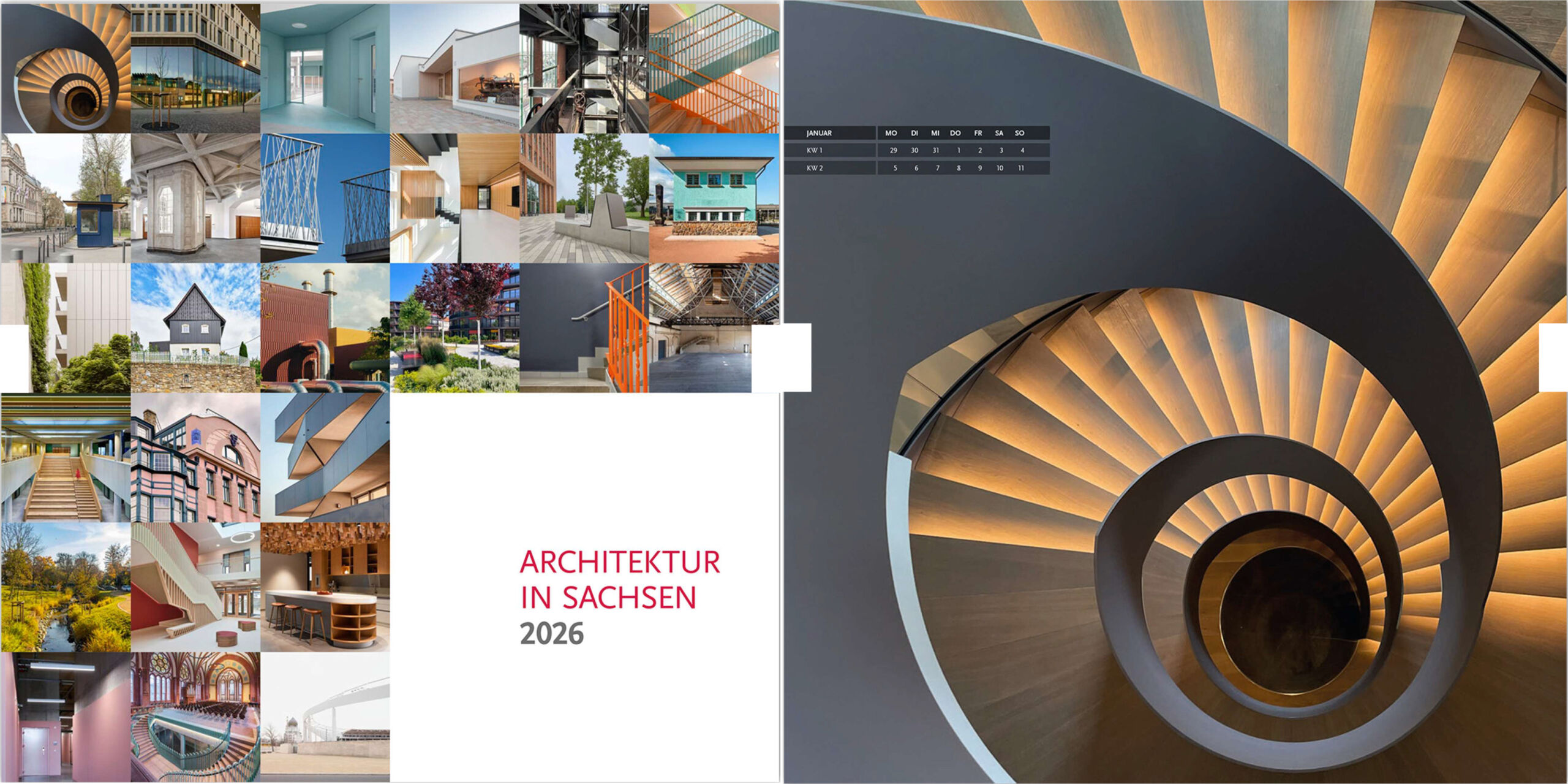 Titelseite des Architekturkalenders 2026 mit modernen Bauwerken aus Sachsen