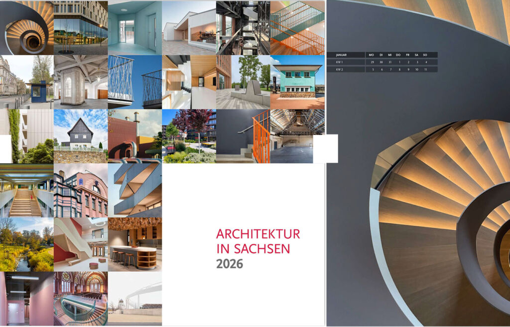 Titelseite des Architekturkalenders 2026 mit modernen Bauwerken aus Sachsen